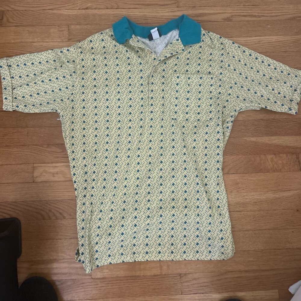 VINTAGE Men's John Blair Yellow/Blue Patterned Polo